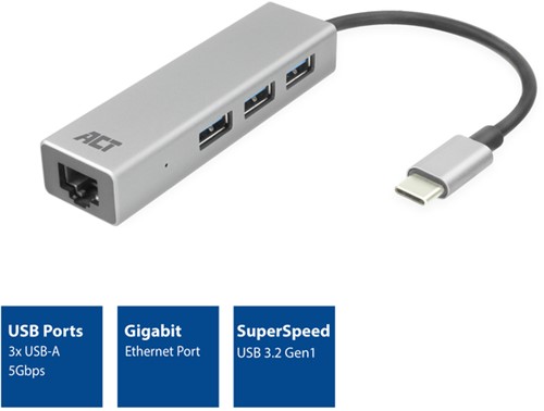 Hub ACT USB-C 3.0 3x USB-A Gigabit ethernet-2