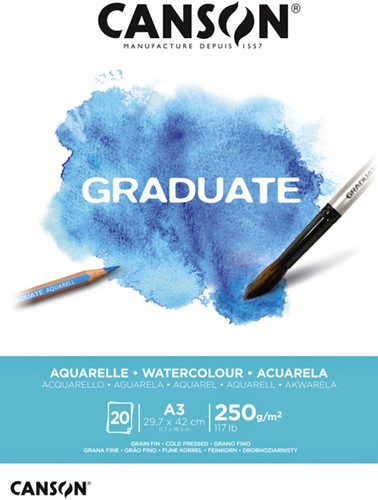 Aquarelpapier Canson Graduate Watercolour 20vel 250gr A3 natuurlijk wit